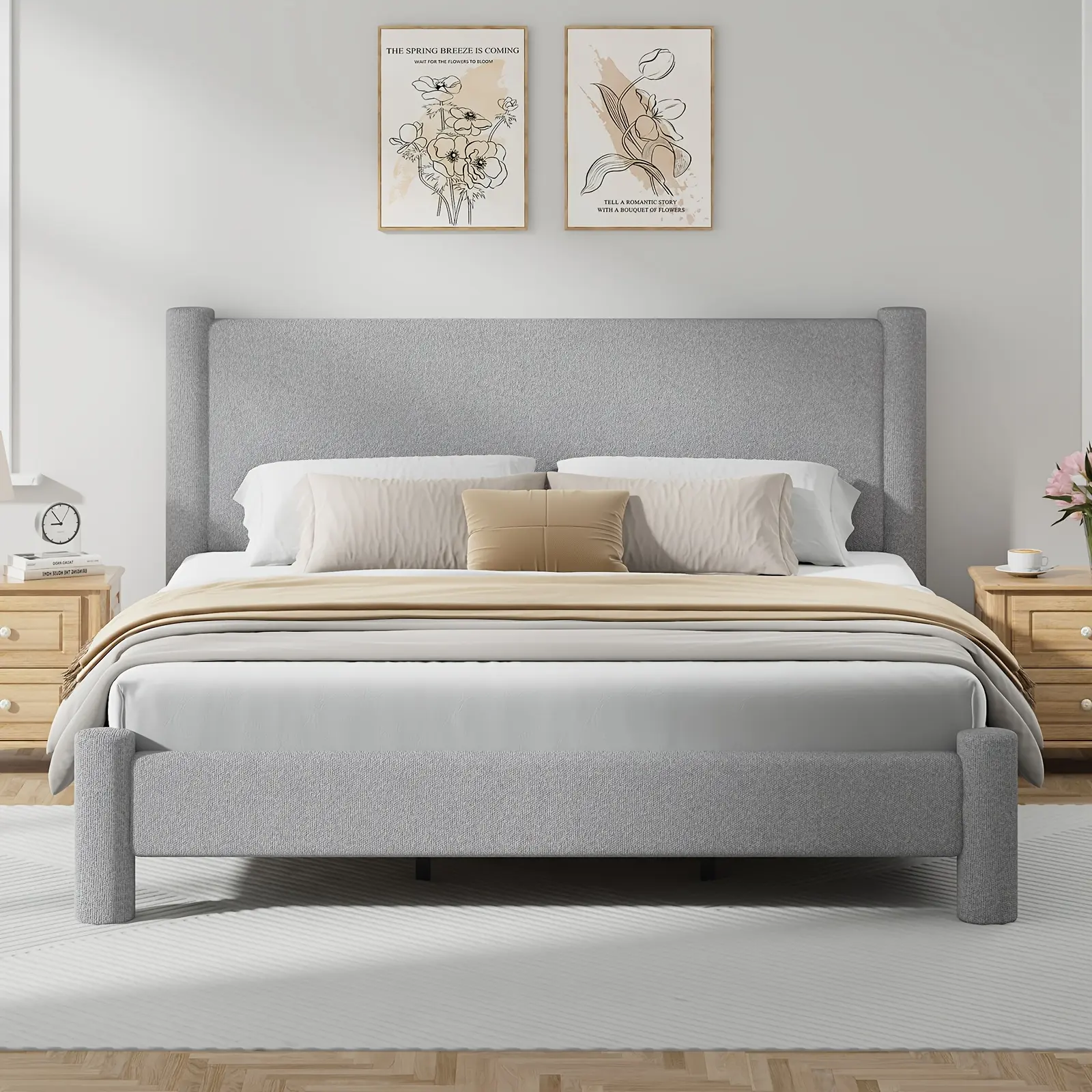 [SummerWins] HOMBCK Soft Boucle Upholstered Bed Frame with Headboard, Twin Full Queen Size Platform Bed, Rounded Corner Design, No Box Spring Needed, Quick Assembly, Cream/Grey/Dark Grey/White summer garden,#home essentials#back to school