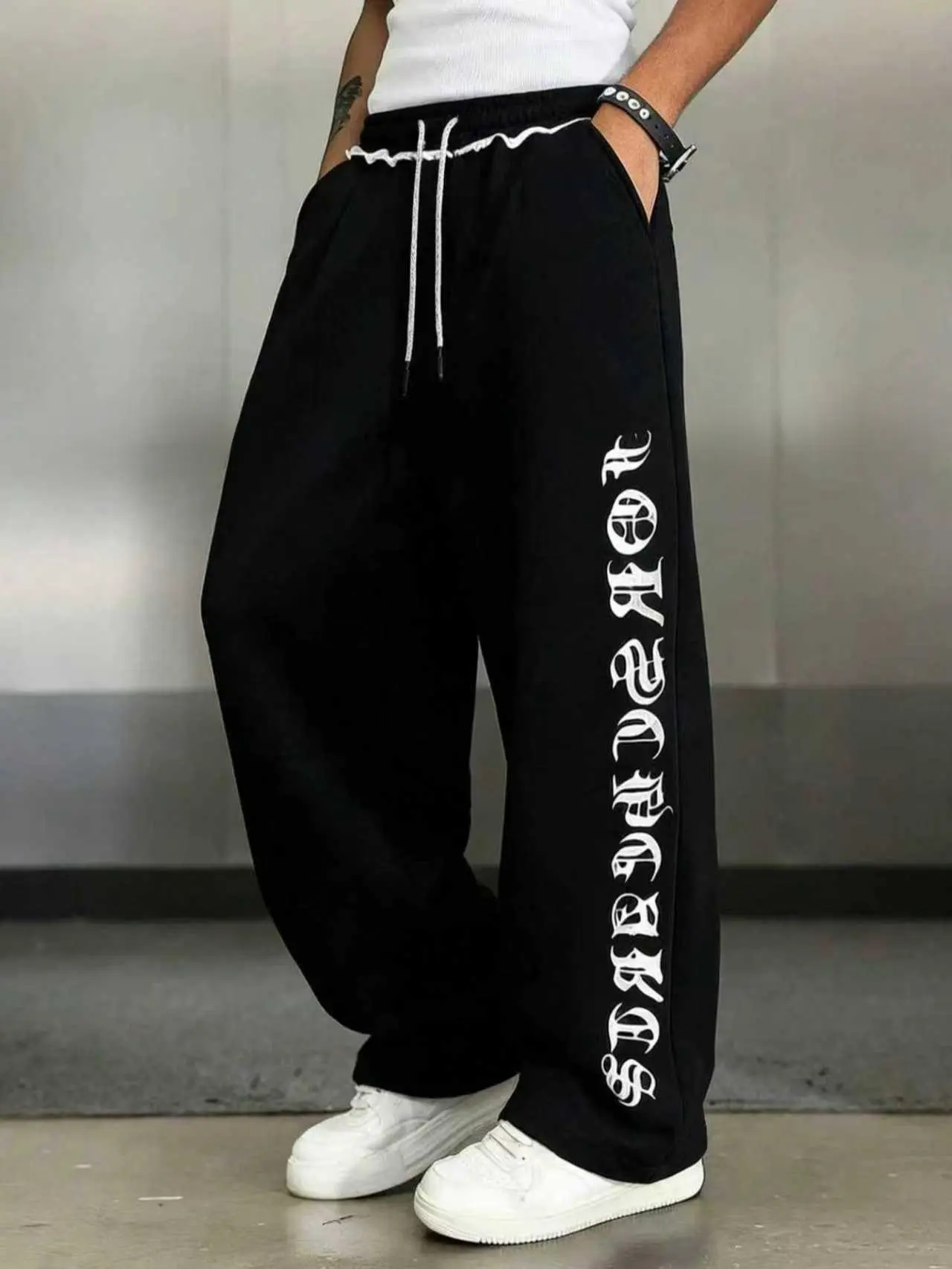 Men's Fashion Casual Athletic Sweatpants with Letter Print Distinctive Rolled Waistband Drawstring Waist Straight Leg Long Pants for Indoor Outdoor Wear Ideal for Leisure Sports Running Couple Gift Mu