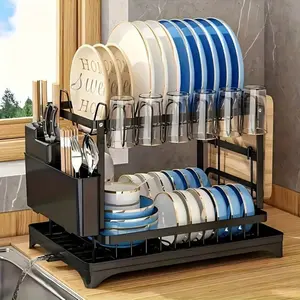 Extra Large 2 Tier Dish Drying Rack with Auto Drain Tray, Family Kitchen Storage Organizer Multifunctional