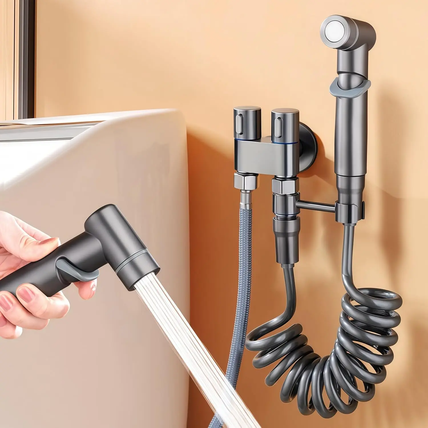 Handheld Toilet Bidet Sprayer for Toilet-Adjustable Water Pressure Control with Bidet Hose for Feminine Wash, Stainless Steel Brushed Nickel Cloth Diaper for Baby Wash (Matte Black, 1 Pack)