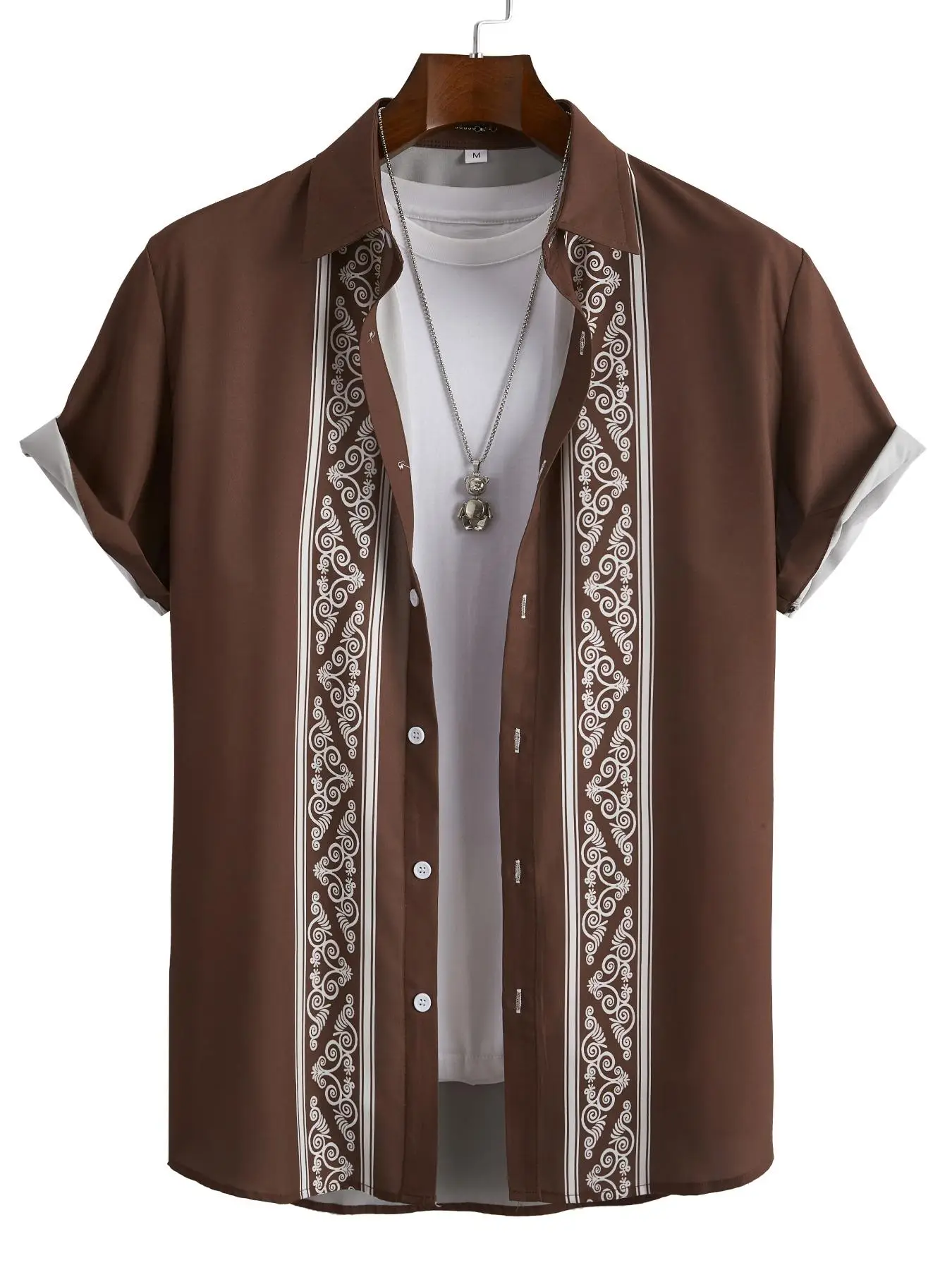 Men's Ethnic Pattern Button Front Shirt, Summer Clothes, Regular Fit Casual Short Sleeve Collared Button Up Top, Men's Streetwear Clothing for Daily W