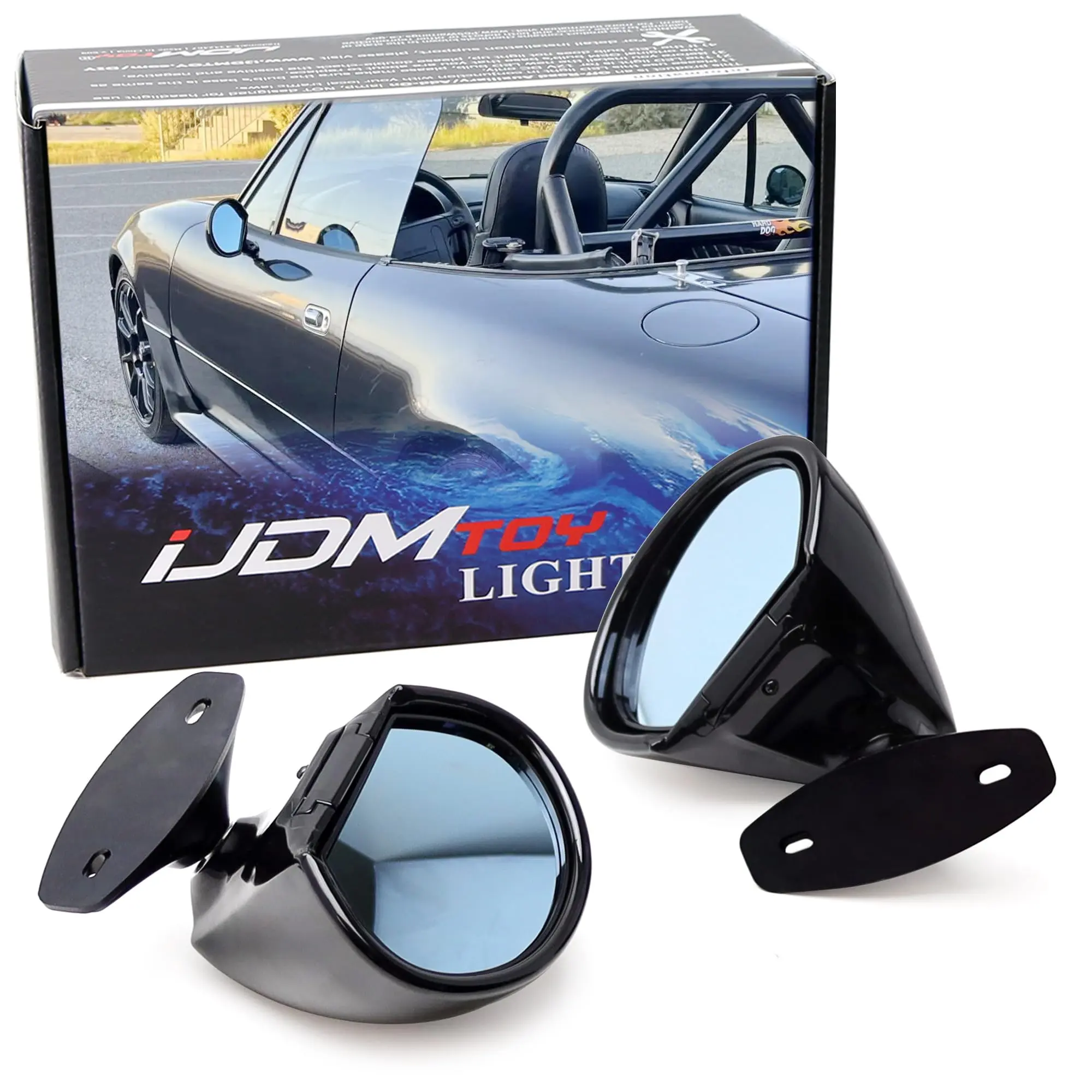 iJDMTOY Glsos Black Retro Rally Motorsport Style Blue Glass Door Wing Rear View Side Mirrors For Mazda Miata MX5, Also Universal Fit JDM Sports or Street Cars