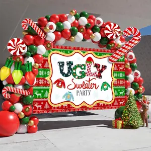 Ugly Sweater Party Supplies, 142Pcs Ugly Christmas Sweater Party Decorations Balloon Arch Kit, Green Red Gold White Balloons With Large Ugly Sweater Party Backdrop For Christmas Party Decorations