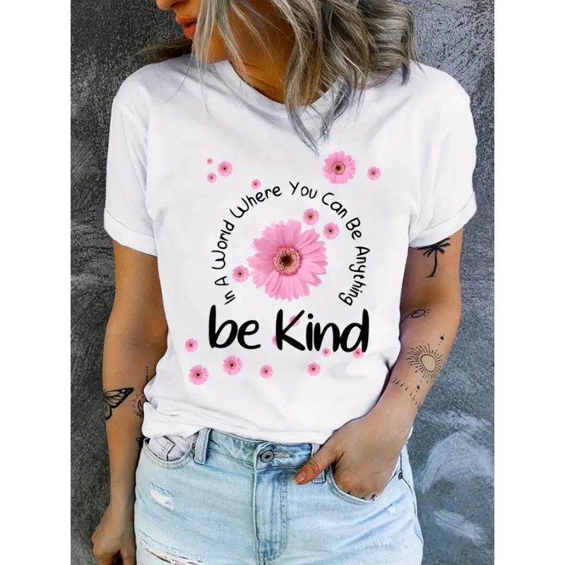 Women's Combed Cotton Boxy Cut Short-Sleeve Round Neck Printed Hoodie Tee Top (200g wh) - Floral Clean Line Art Graphic, Light Neutral Tone, Soft Fabric, Flattering Fit, Casual Streetwear, Sun-Tropical Wear, Digital Sublimation Stamps, COD Available