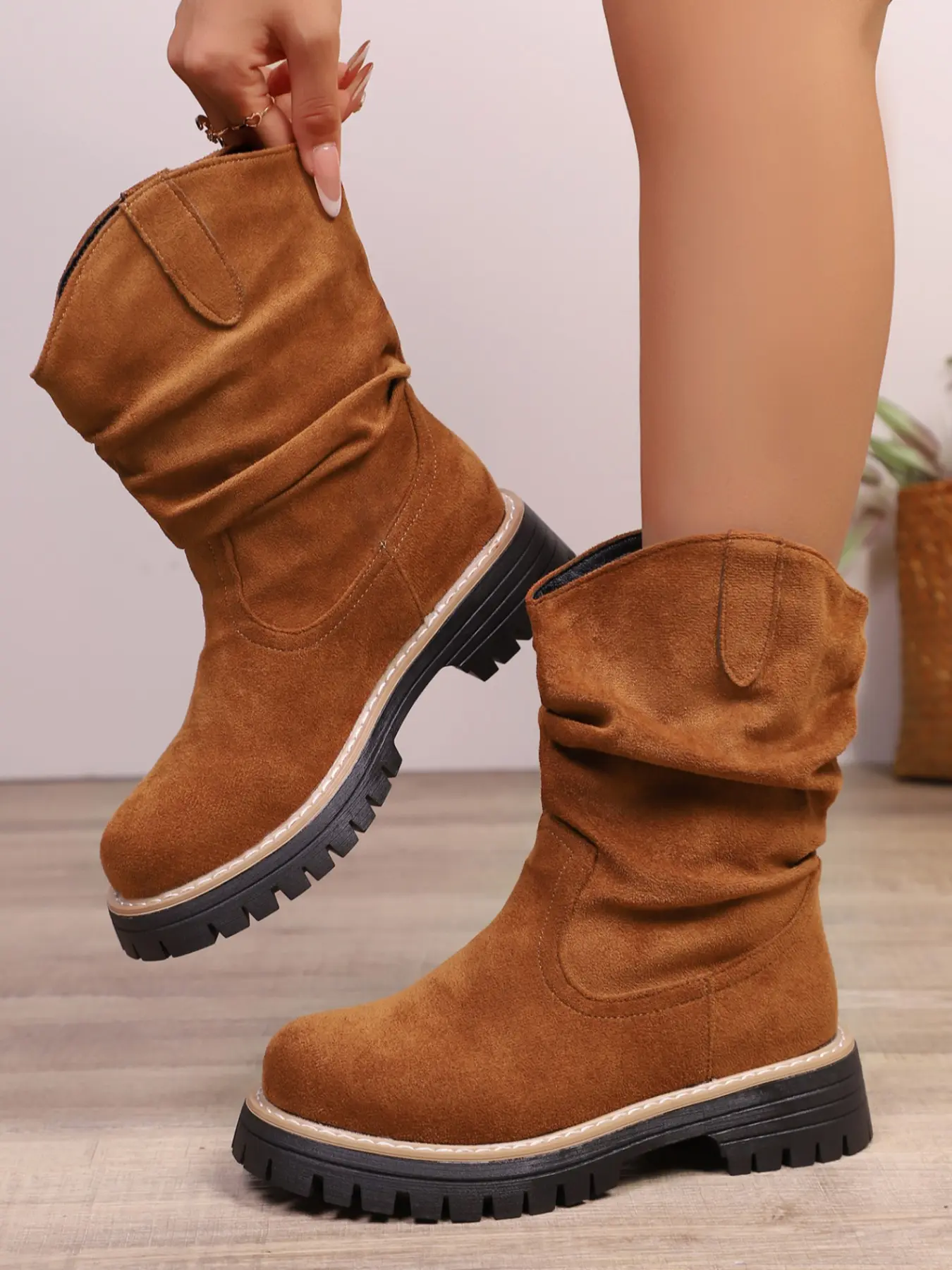 Women's Suede Mid-Calf Western Style Thick Sole Rubber Boots, Casual Ankle Boots for Fall & Winter, Comfortable and Stylish Footwear, Cowgirl Boot
