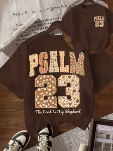 Trendy Christian "The Lord Is My Shepherd" T-Shirt, Brown Oversized Fit with Patchwork Floral Print, Women's Casual Religious Clothing, Womenswear