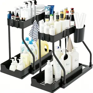 Kitchen Under Sink Organizer, 2 Tier Sliding Drawer Cabinet Storage for Bathroom Pantry, Heavy Duty Metal Organizer Rack with Side Hooks and Hanging Cup, Multi Purpose Under Sink Storage for Detergent Soap Bottle, Home Organization Shelf,Black/White,2026