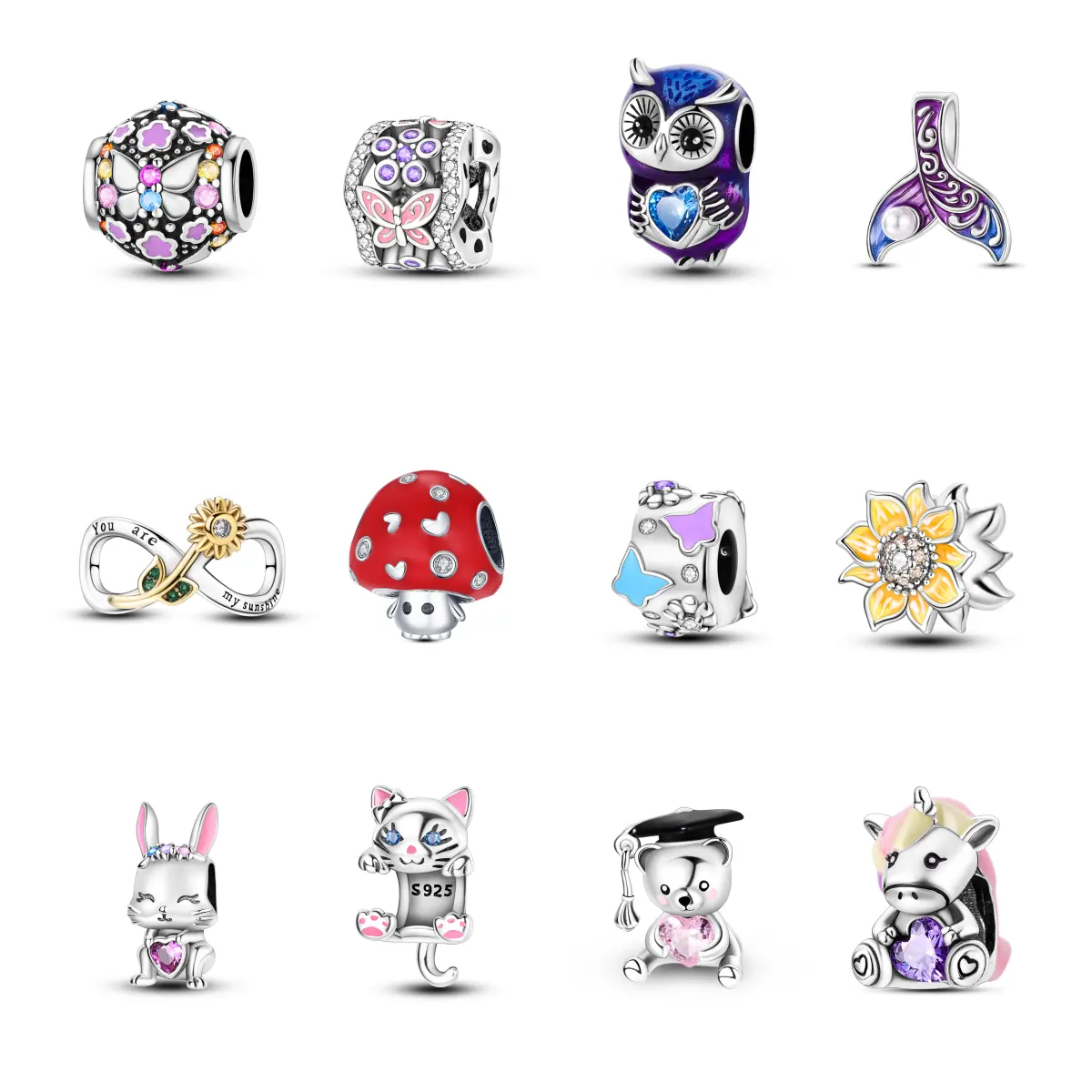 MULA Women's 925 Silver-Plated Enamel Charms, Cute Animal & Plant Beaded Pendant with Zircon, DIY Personalized Jewelry for Bracelets & Necklaces, Exquisite Trendy Pendant, Jewellery Pendant