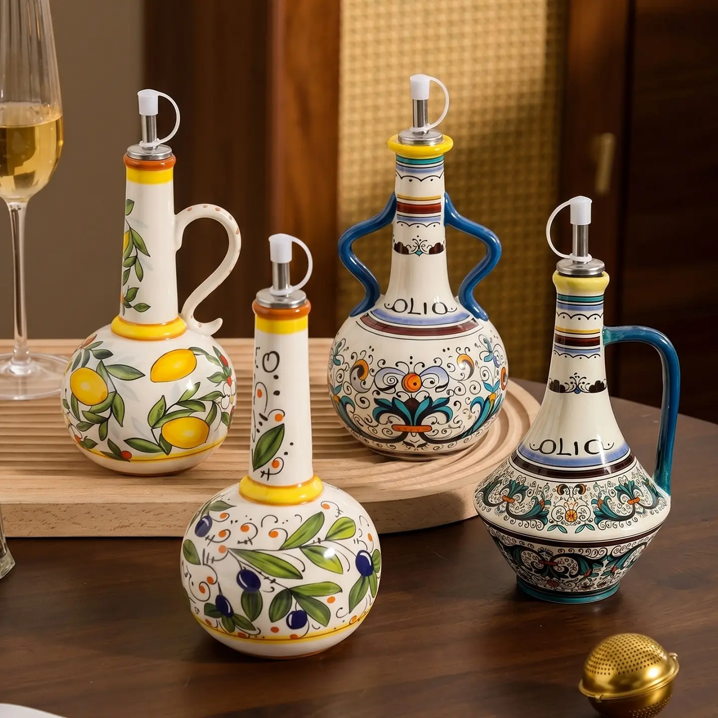 HongDian Vintage Ceramic Oil Dispenser - Utensils for Kitchen, Optional Olive Vine Pattern Vinegar Bottle, Handle Pour Spout, 550/600ml (19/20 oz), Premium SGS-Tested Underglaze Fade-Resistant Ceramic, Kitchen Counter Decor