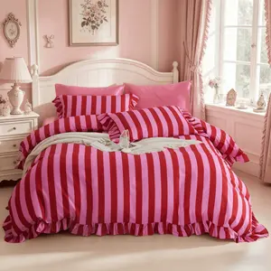 3-Piece Pink Striped Duvet Cover Set with Ruffle & Frill Design,Includes 1 duvet cover and 2 pillowcases, no filling.Soft and comfortable bedding for home bedroom decoration.Perfect birthday gift.