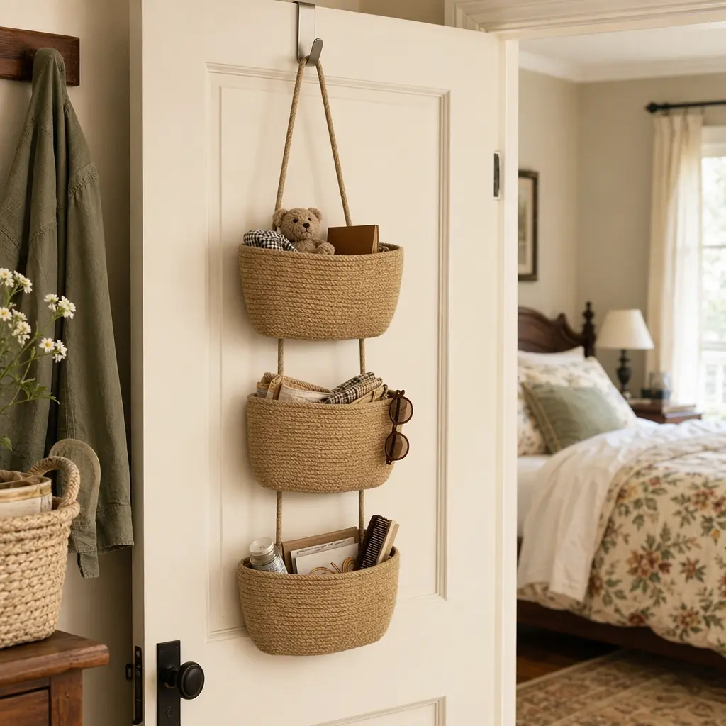 Woven Cotton Over-The-Door Hangable Storage Baskets - 1-Tier & 3-Tier Options, Wall-Mounted Home Organizer, Multifunctional Bathroom Shelf Baskets
