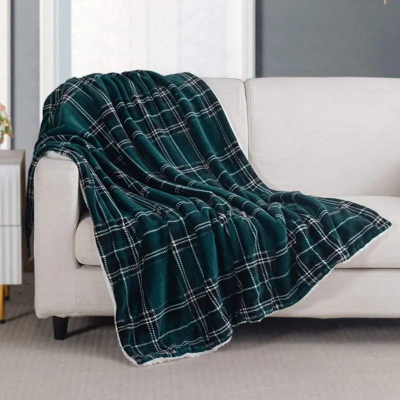 Elegant Comfort Plaid Flannel Fleece Sherpa Throw Blanket – Ultra-Soft with Cozy Sherpa Backing, 50in x 60in