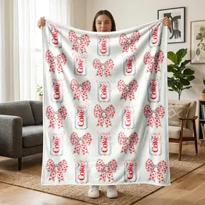 1 pc Jianyi Coca‑Cola bow-themed flannel blanket, all-over print featuring Diet Coke cans and heart bows, sweet yet cool American retro style. Soft, warm, and comfortable—a versatile gift blanket suitable for sofas, beds, offices, shawls, camping, and tra