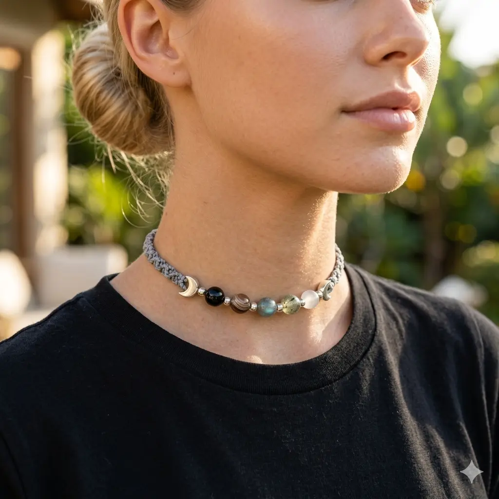 Double Moon Black Obsidian Smoky Quartz Moonstone Labradorite Selenite Choker Women Necklace