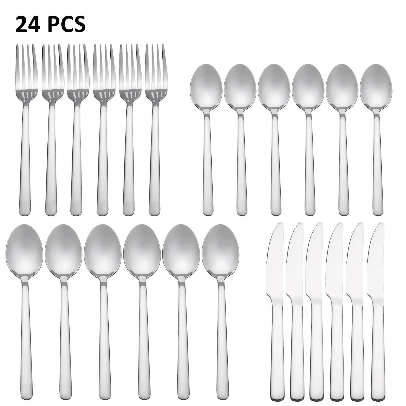 24PCS Stainless Steel Cutlery Set - Smooth Rounded Handle, Mirror Polished, Dishwasher Safe, Service for 6, Family Home Dinners Tableware for Restaurant or Camping