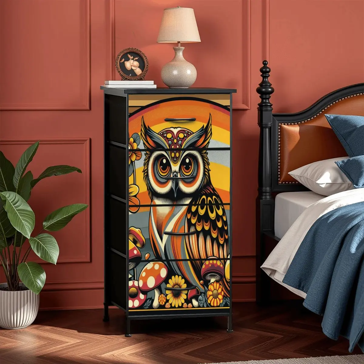 Retro 70s Owl Mushroom Groovy Mid Century Modern 4-Drawer Dresser