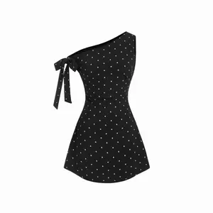 Cider Asymmetrical Neck Polka Dot Knotted Mini Dress