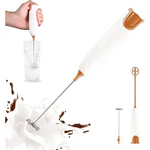 Handheld milk frother mixer - portable battery for coffee, latte, hot chocolate - lightweight, easy to clean, ABS plastic shell (white and khaki)