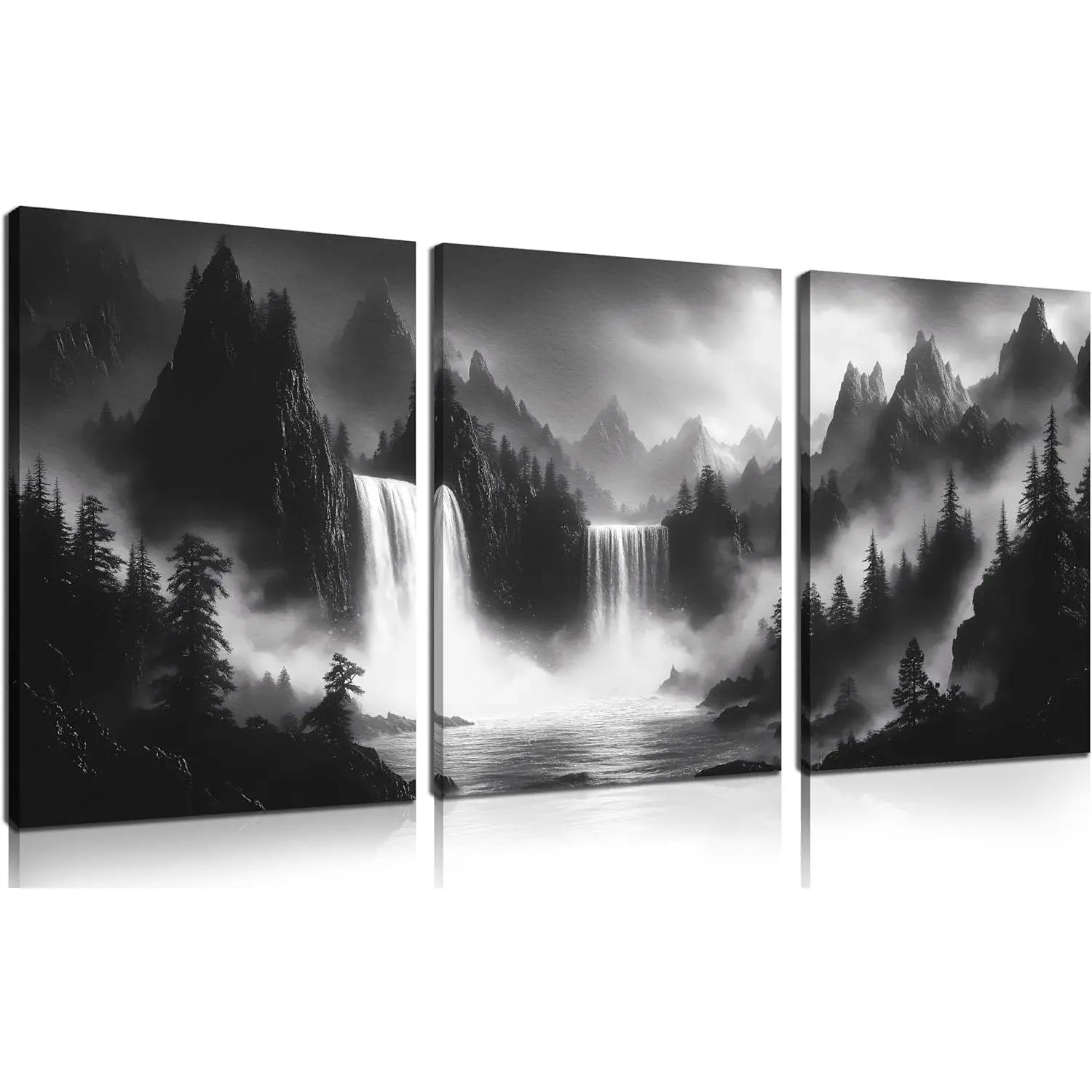 Foggy Forest Wall Art for Living Room - Mountains Canvas Wall Art for Office - Black and White 3 Piece Wall Decor Size 12" x 16" Wall Art Painting Artistic