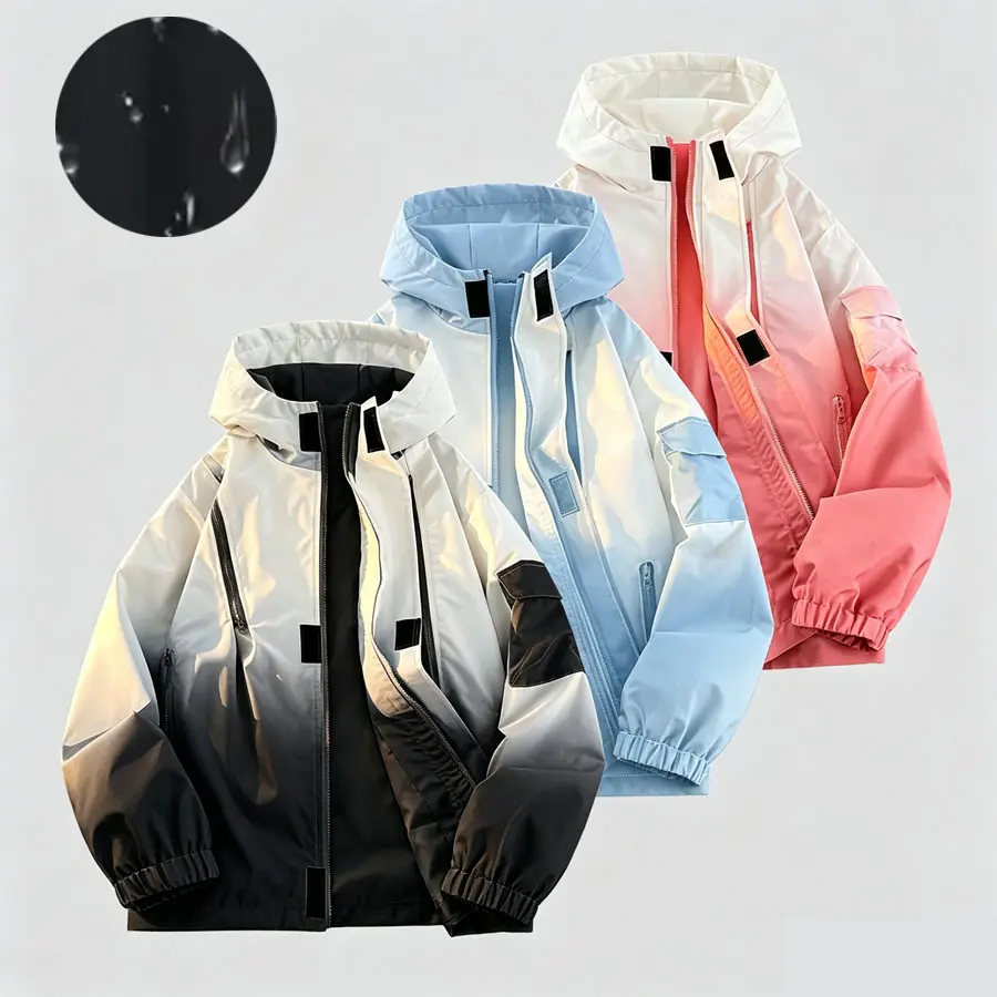 Men’s Gradient Long Sleeve Hooded Outdoor Workwear Jacket - Polyester, Loose-Fit, Zippers, Multiple Pockets, Windproof Casual Streetwear Menswear Top