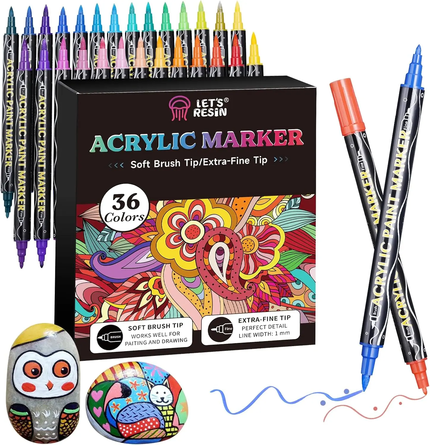 LET'S RESIN 36-Colors Acrylic Paint Pens Markers, Dual Tip Fine&Brush Paint Markers, Strong Coverage Bright Colors Paint Pens for Rocks, Canvas, Wood, Glass, Fabric, Plastic, Acrylic Paint Set