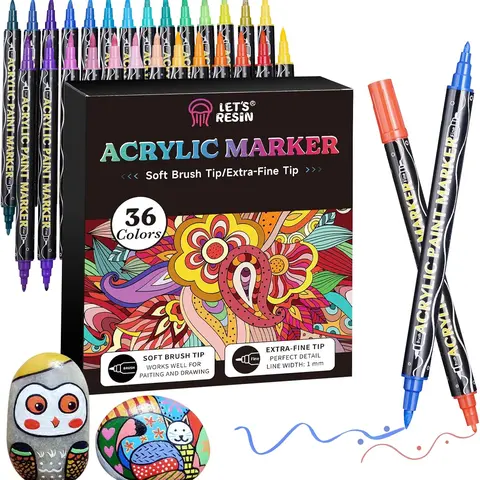 LET'S RESIN 36-Color Dual-Tip Fine-Brush Acrylic Paint Pens Markers - Strong Coverage Office Stationery Writing Tools, Coloring Supplies for DIY Art, Multi-Surface Use (Glass & Fabric)
