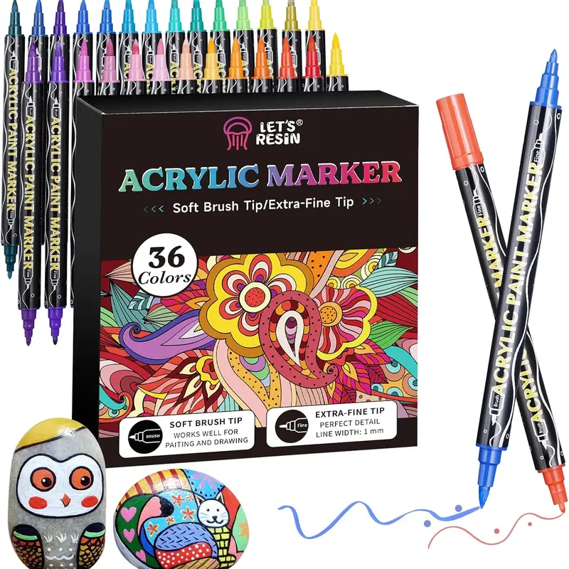 LET'S RESIN 36-Color Dual-Tip Fine-Brush Acrylic Paint Pens Markers - Strong Coverage Office Stationery Writing Tools, Coloring Supplies for DIY Art, Multi-Surface Use (Glass & Fabric)