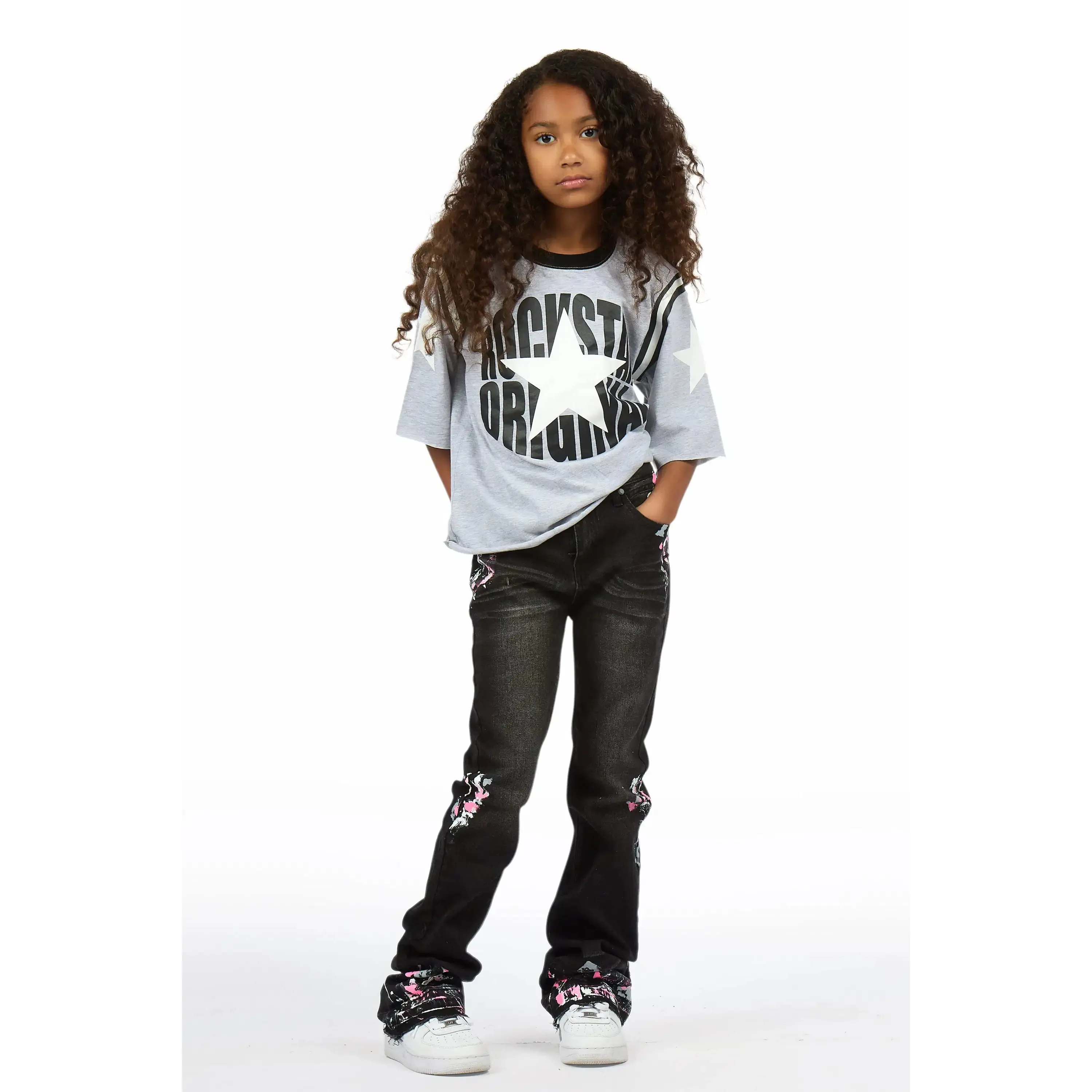 Girls Alora Grey/Dark Grey T-Shirt Stacked Jean Set