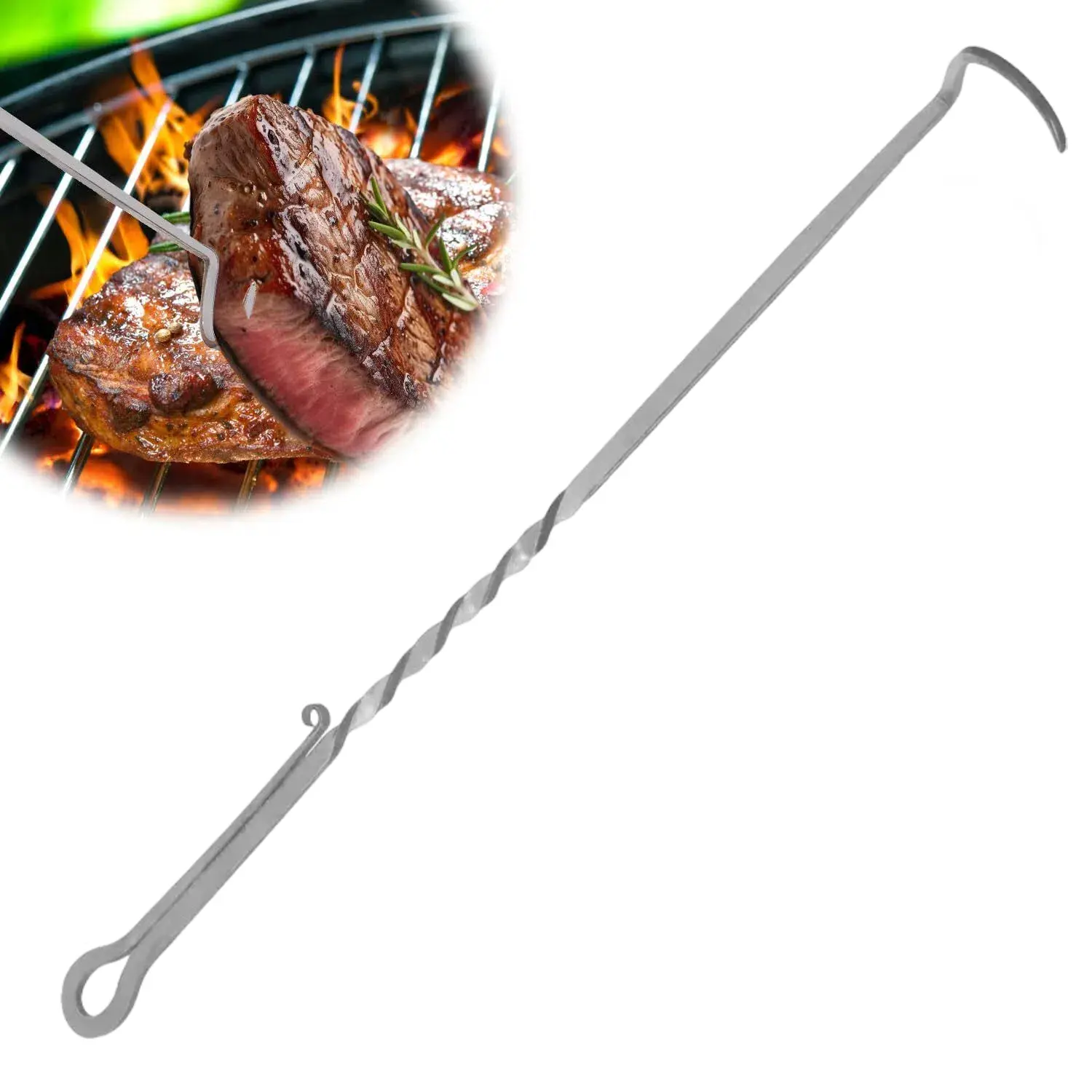 Stainless Steel BBQ Pigtail Hook - Heavy Duty Lightweight Grill Barbecue Turner Utensil, Heat-Resistant Tool with Ergonomic Handle & Hooked End for Steak, Juice Lock Functionality