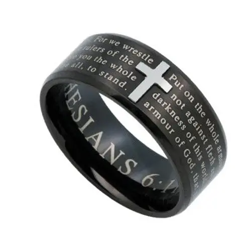 ARMOR OF GOD Scripture Cross Ring for Men, Engraved Bible Verse, Black Stainless Steel