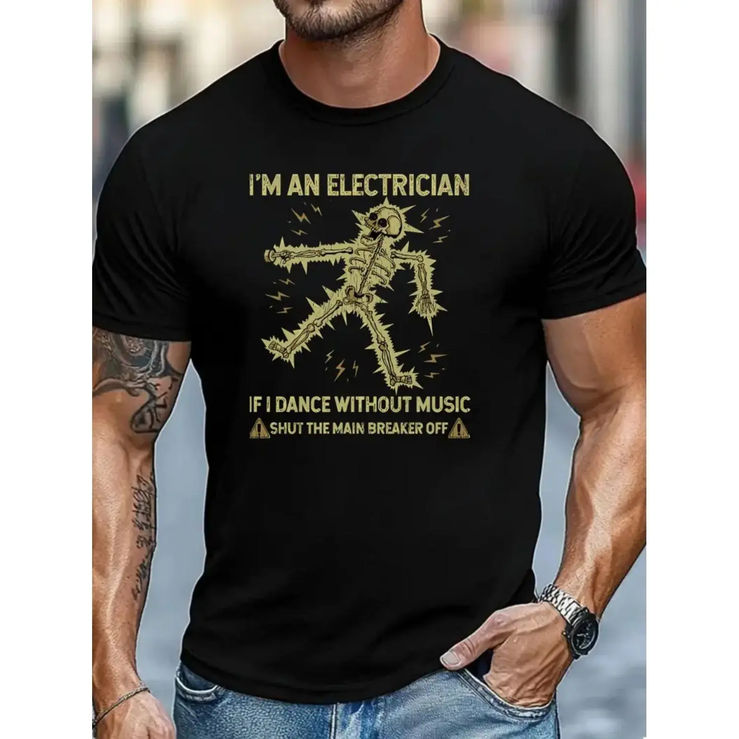 Mens Cotton T-shirt Featuring Electric Shock and Circuit Print Lightweight Breathable Short Sleeve Round Neck Casual Wear for Gym Outdoor Training and Hobbyists Electrician Themed Apparel
