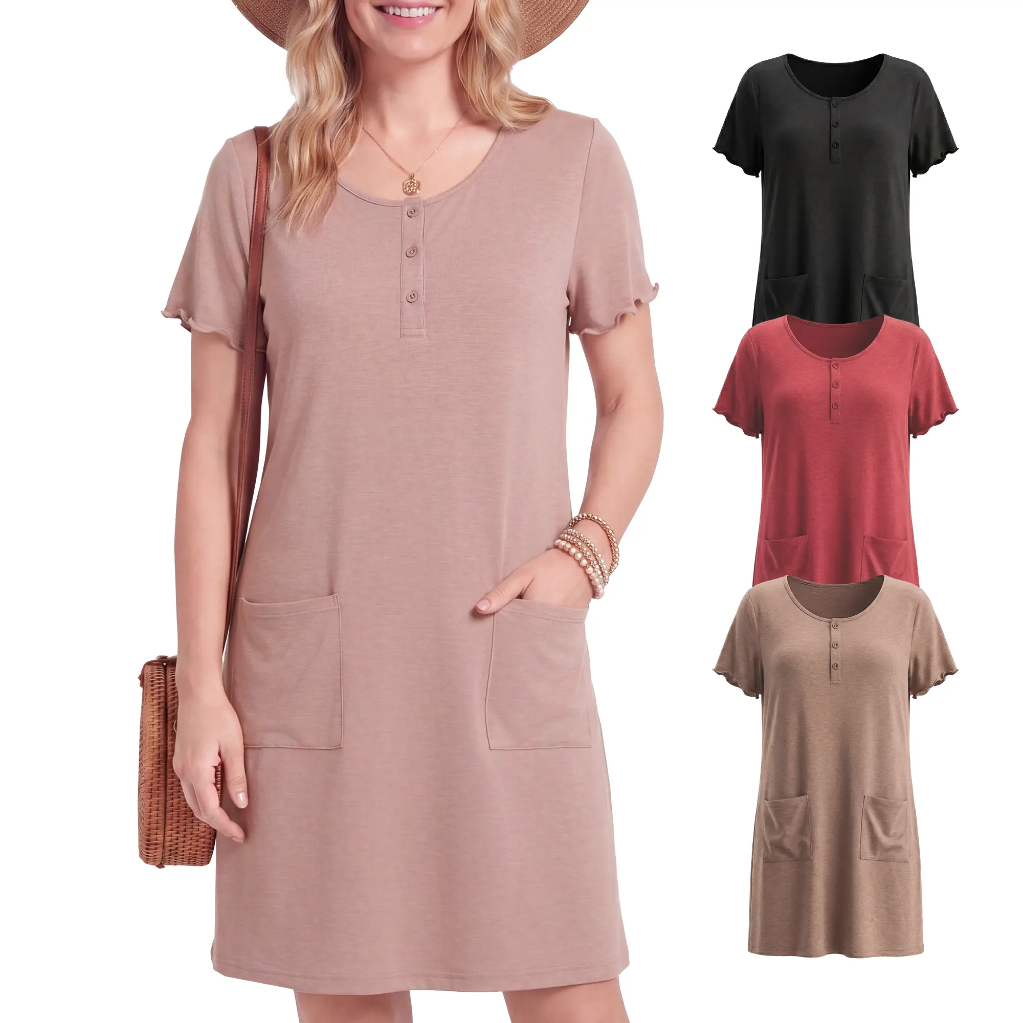 SHOWITTY Womens Short Sleeve Henley Casual Dress with Pockets, Soft Stretch T-Shirt Dress for Home, Travel & Everyday Wear #tiktokshopsummersale