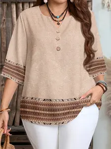 Women's Vintage Pattern Textured Print Casual Loose Fit Blouse, Womenswear Top, Perfect for Spring Summer Fall, Daily Wear and Party