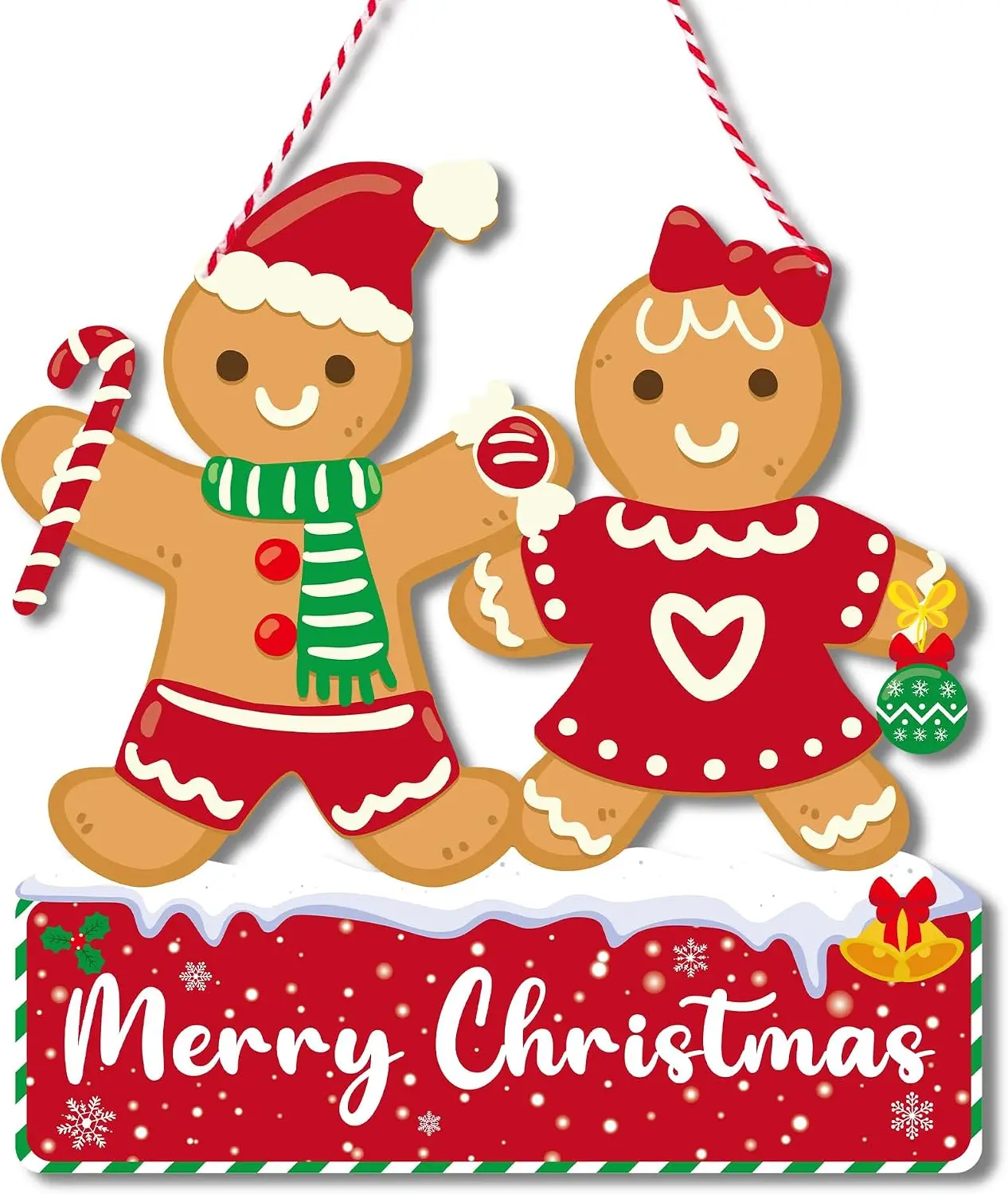 Uflashmi Gingerbread Merry Christmas Door Sign, Wooden Ginger Bread Christmas Hanging Sign for Front Door Wall Decor, 11.2x11in