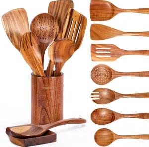 [New Deal] - 9 Piece Natural Teak Wooden Kitchen Utensil Set with Spoon Rest - Comfort Grip Cooking Spoons and Utensils Holder Strainer Spatulas