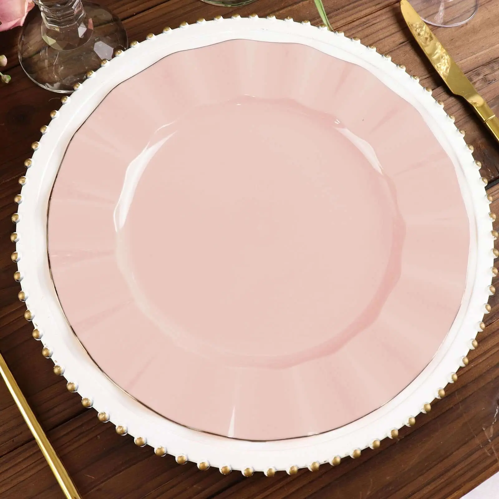 10-Pack Elegant Plastic Party Plates - 11" Round Blush Pink Ruffled Rim with Gold Edging, Sturdy Disposable Dinnerware for Weddings, Ceremonies, Birthdays, Ideal for Adults, Business Events, Elegant Plastic Plates