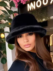 Black Bucket Hat with Wide Brim - Plush Winter Hat for Women, Outdoor Casual Style with Fashionable Warmth
