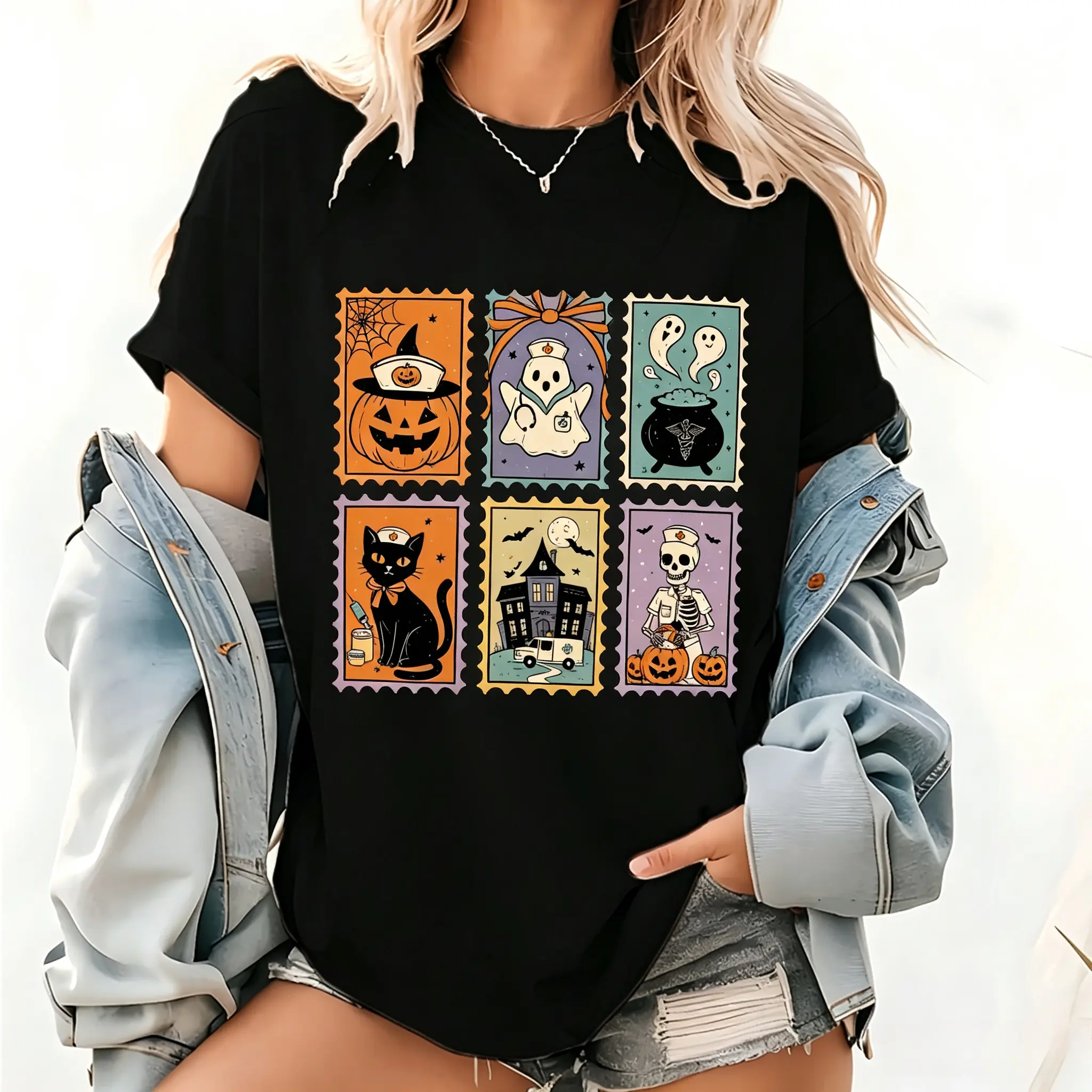 [Graphic Tee]Cute Medical Halloween Nurse Shirt, Spooky Healthcare Graphic Tee, Funny Nurse T-Shirt, Fall Nursing Gift, Halloween RN Top