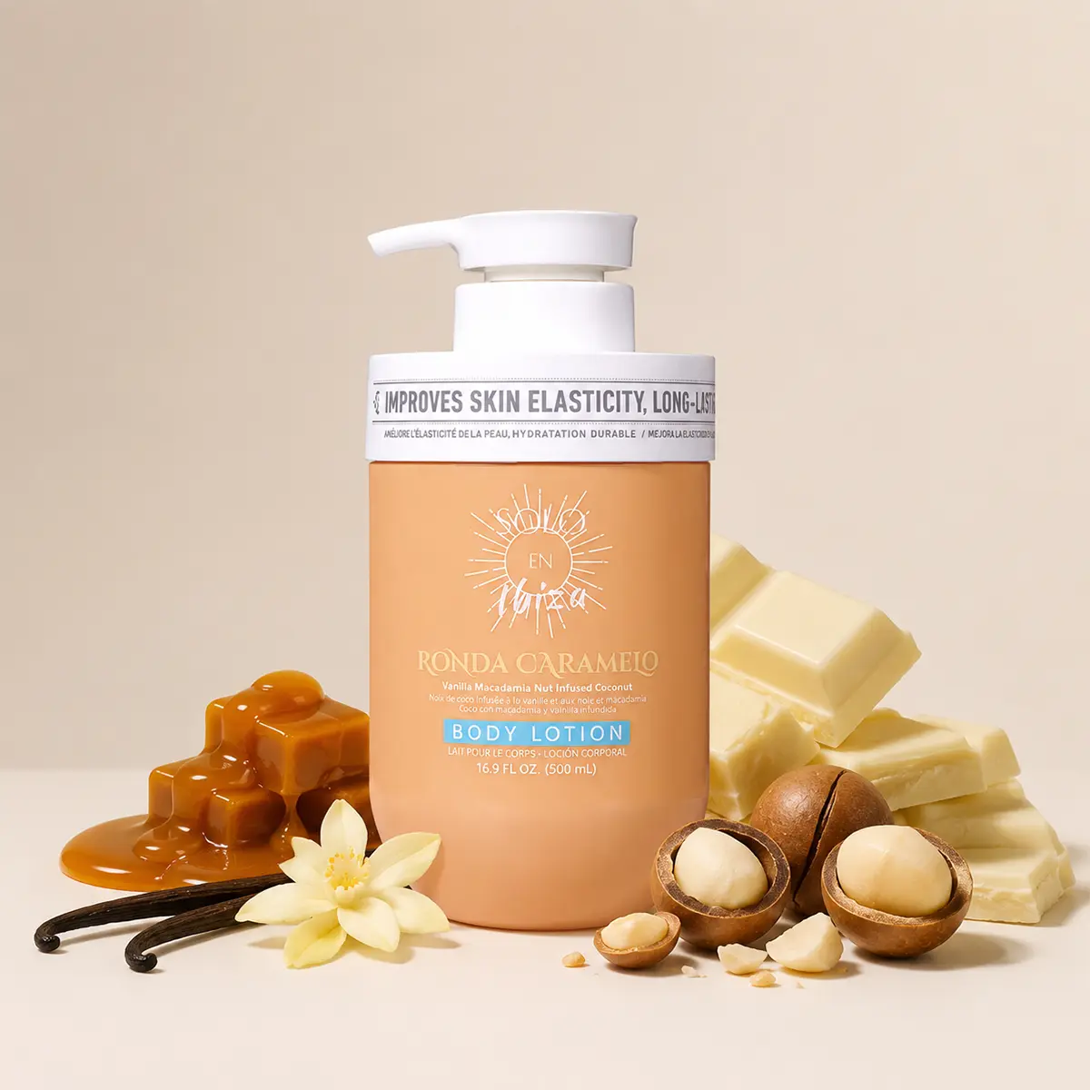 SOLO EN IBIZA Ronda Caramelo Body Lotion, Scented Moisturizer with Salted Caramel, White Chocolate & Coconut, Hydrating Vanilla Body Care for All Skin Types, 16.9oz, Moisturizing