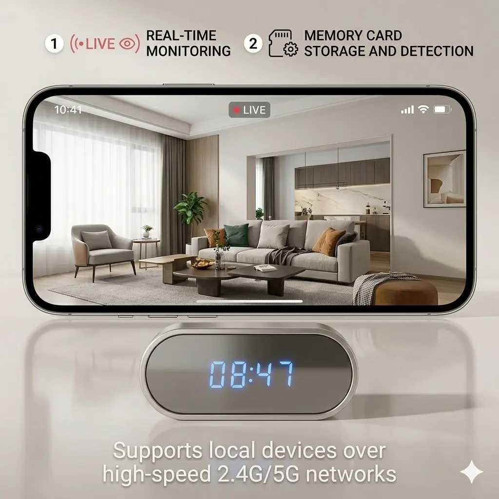 2)Camera with smart digital clock and dual-band WiFi (5 GHz and 2.4 GHz) | Home security system and Remote real-time monitoring