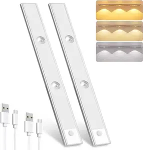 2-Pack USB Rechargeable Smart Motion Sensor Closet Lights - 3-Color Stepless Dimming, Wall-Mounted Adjustable Brightness Under Cabinet Lights for Kitchen, Closet