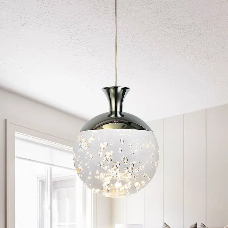 Garwarm Modern Aesthetic LED Crystal Pendant Light - Chrome Globe Hanging Light Fixture for Kitchen Island, Led Pendant Light