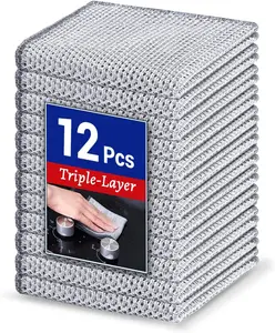 12 PCS Handheld 3-Layer Non-Scratch Multipurpose Steel Wire Dishcloths - Reusable, Quick-Dry, Odor-Free, Comfortable Cotton-Polyester Scrub Cloths for Dishes, Kitchen Sink, Cookware (7.87x7.87in)