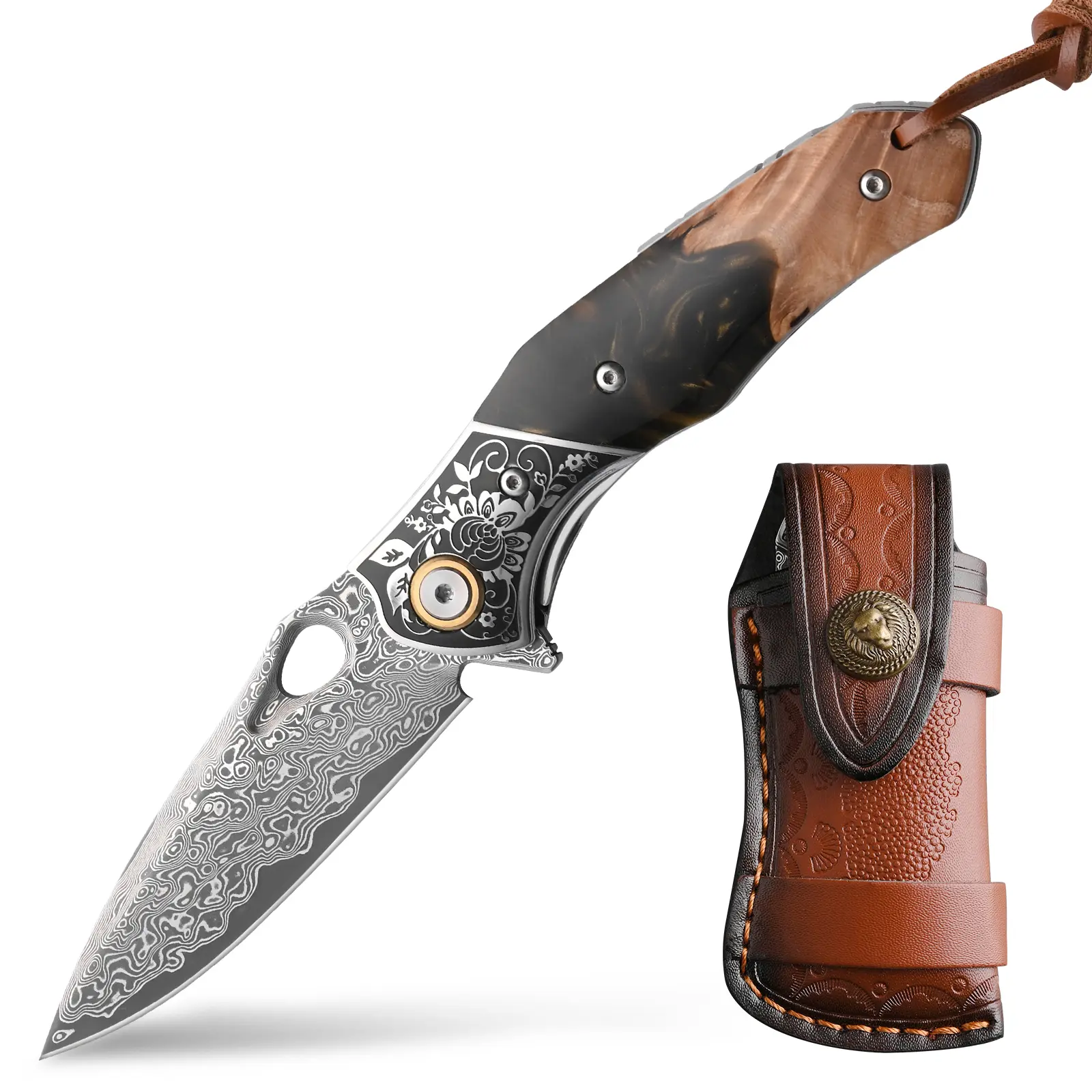 High-quality handmade large Damascus steel pocket knife, premium folding knife for men and women, includes sheath, maple wood handle, kitchen fruit peeler/paring knife, collectible quality, perfect gift.