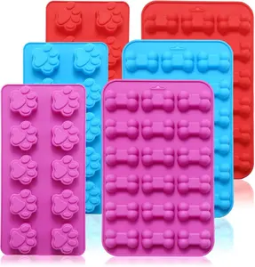 6PCS Silicone Molds Puppy Dog Paw and Bone Non-Stick Gummy Molds for Baking Chocolate Candy Pudding Jelly Ice Cube Biscuits Dog Treats in Pink Red Blue Colors