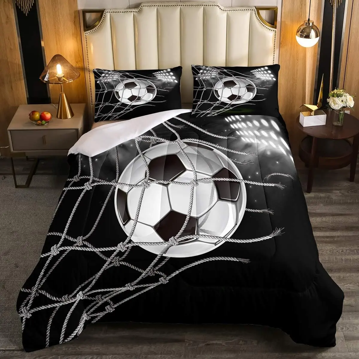 Luxury Microfiber Bedroom Bedding Set - Football Theme Duvets & Comforter Set with 3D American Football Print, Black-White Soccer Ball Design, Microfiber Bedding Set