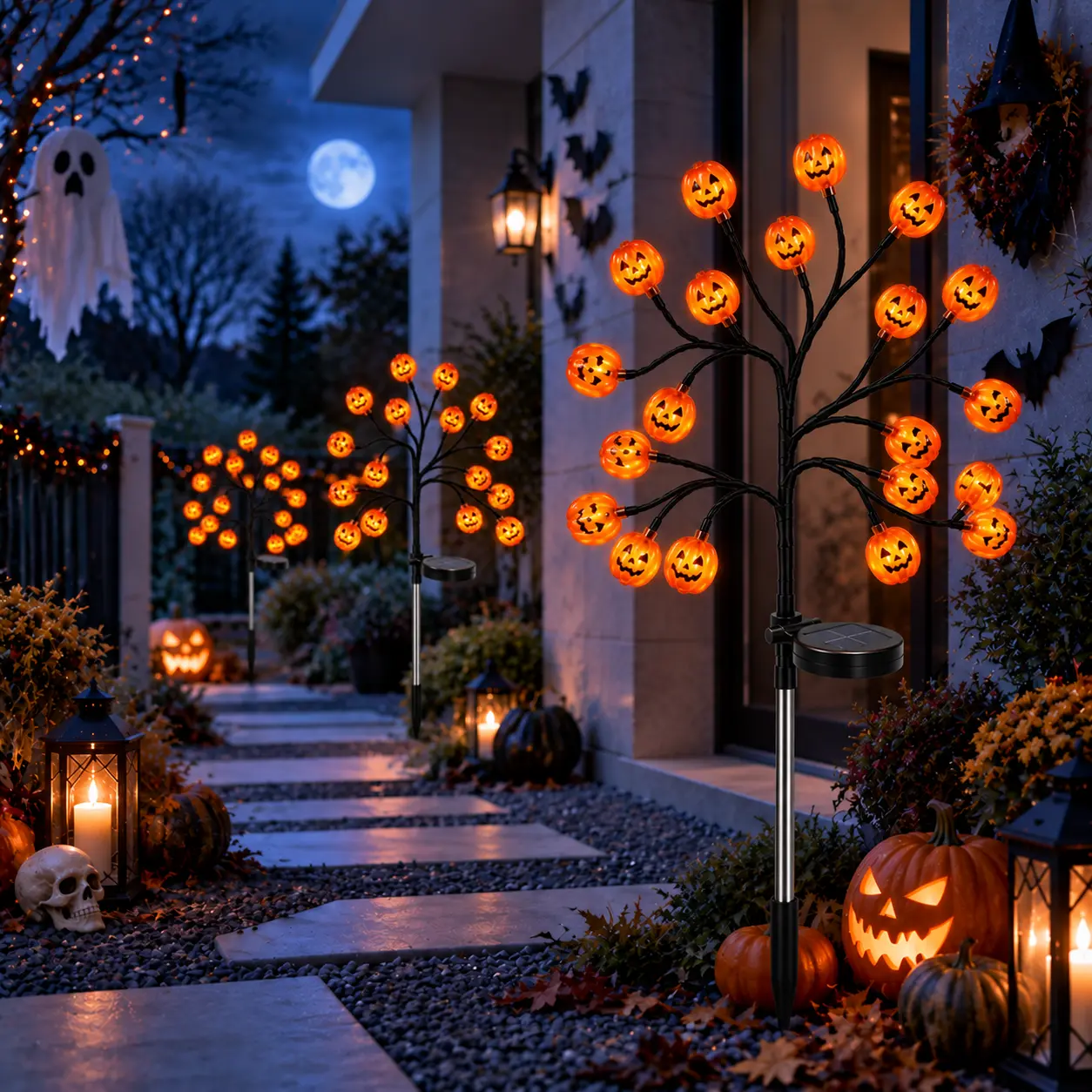 Solar Halloween Pumpkin Tree Lights – 20 orange pumpkin lights per stake, flexible branches, solar powered, steady/flashing modes, auto on/off. Ideal for yards, pathways and lawns. Available in 2/4/8 packs.  Sohochic