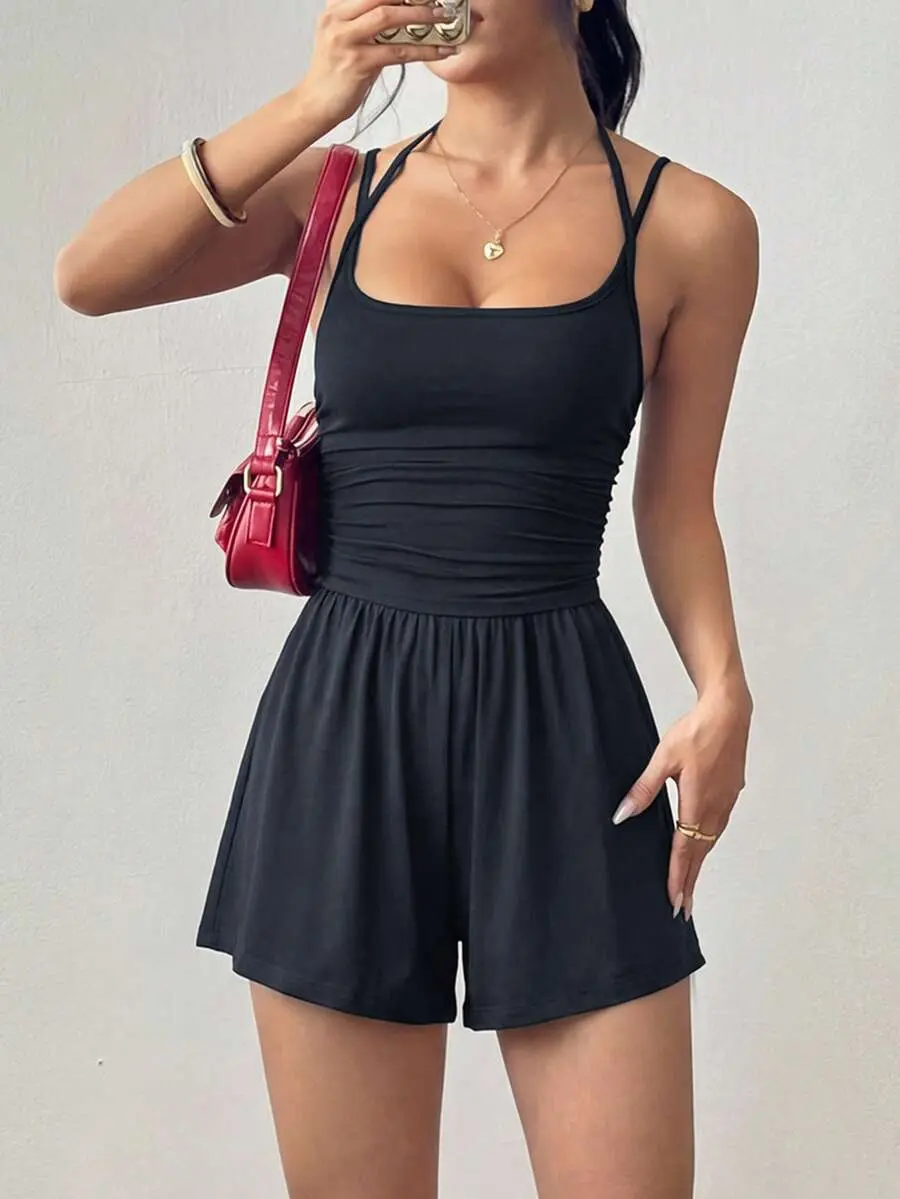 Flirla Women's Casual Pleated Loose Straight Leg Jumpsuit, Black, Spring/Summer