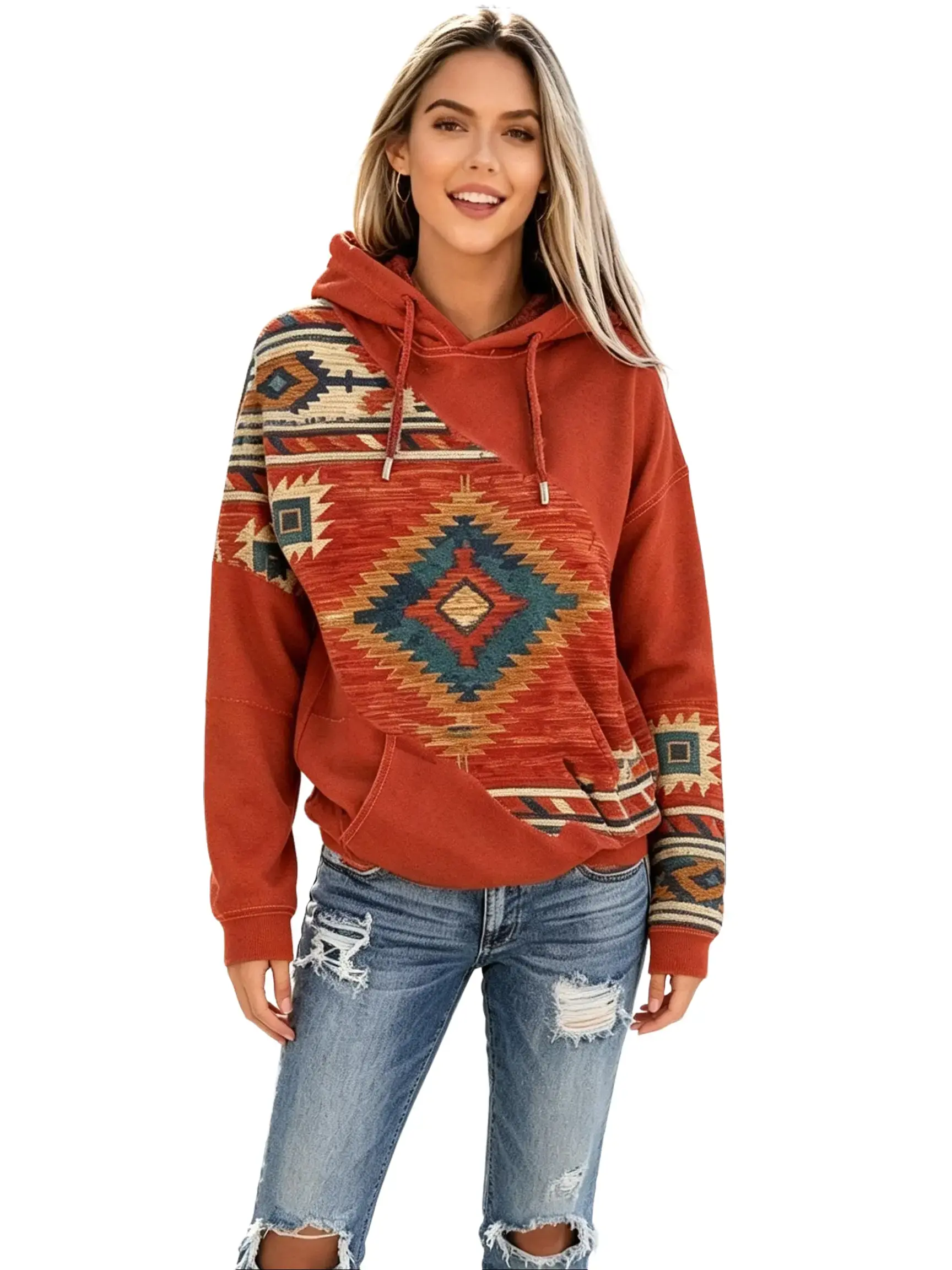 Women's Western Aztec Hoodie Sweatshirt, Vintage Ethnic Rhombus Print Pullover Top with Kangaroo Pocket, Loose Fit