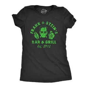 Womens Frank and Steins Bar and Grill T Shirt Funny Frankenstein Halloween Tee for Ladies Funny Womens T Shirts Cute Vintage Fashion Casual Ladies T-Shirt Gift Halloween Tops for Women Women's Novelty Tees Black -